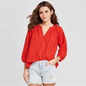 Universal Thread Cherry Red Swiss Dot Peasant Blouse Split Neck Long Sleeve M